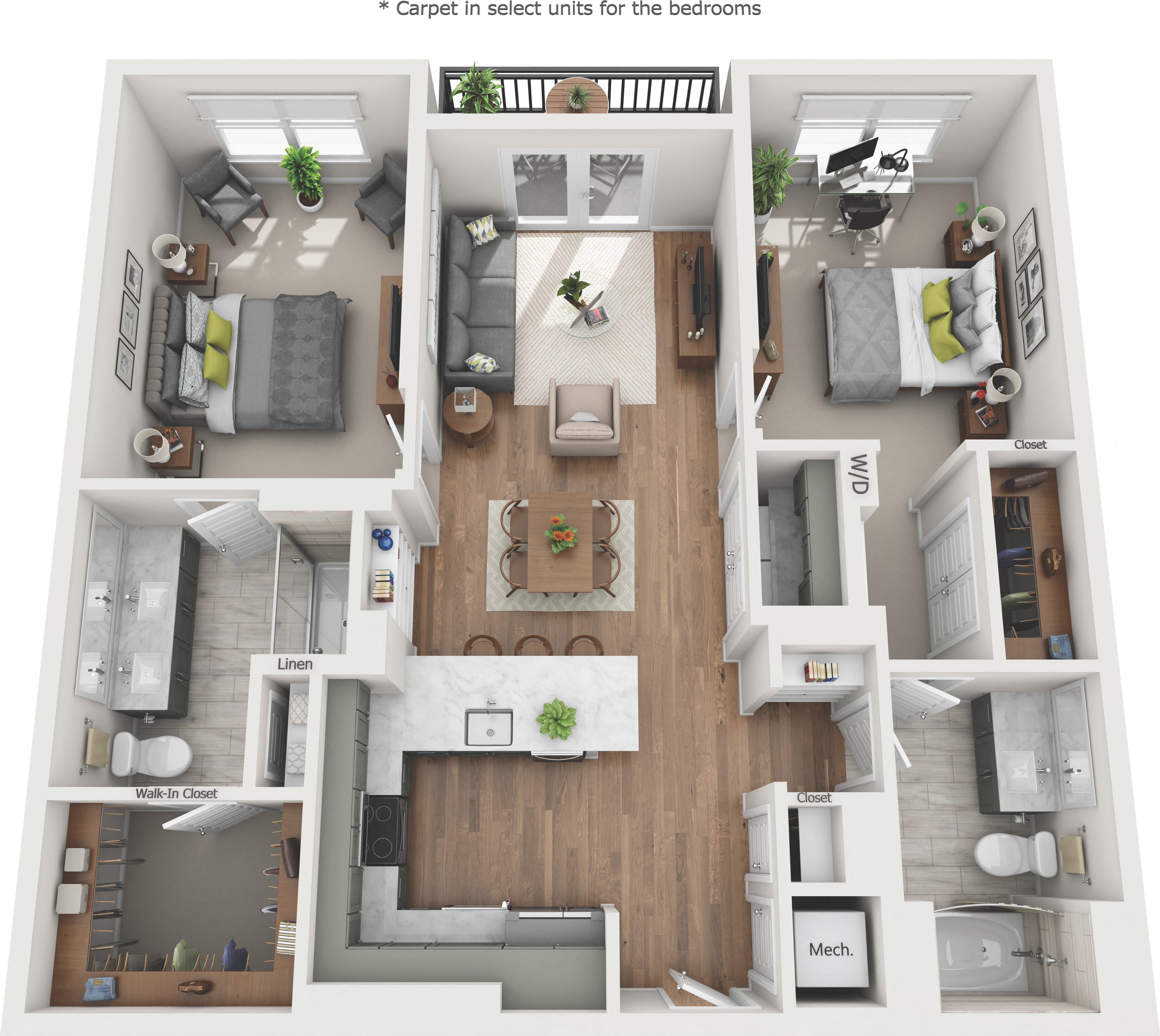 Floor plan for 2 beds, 2 baths, 1133 sqft